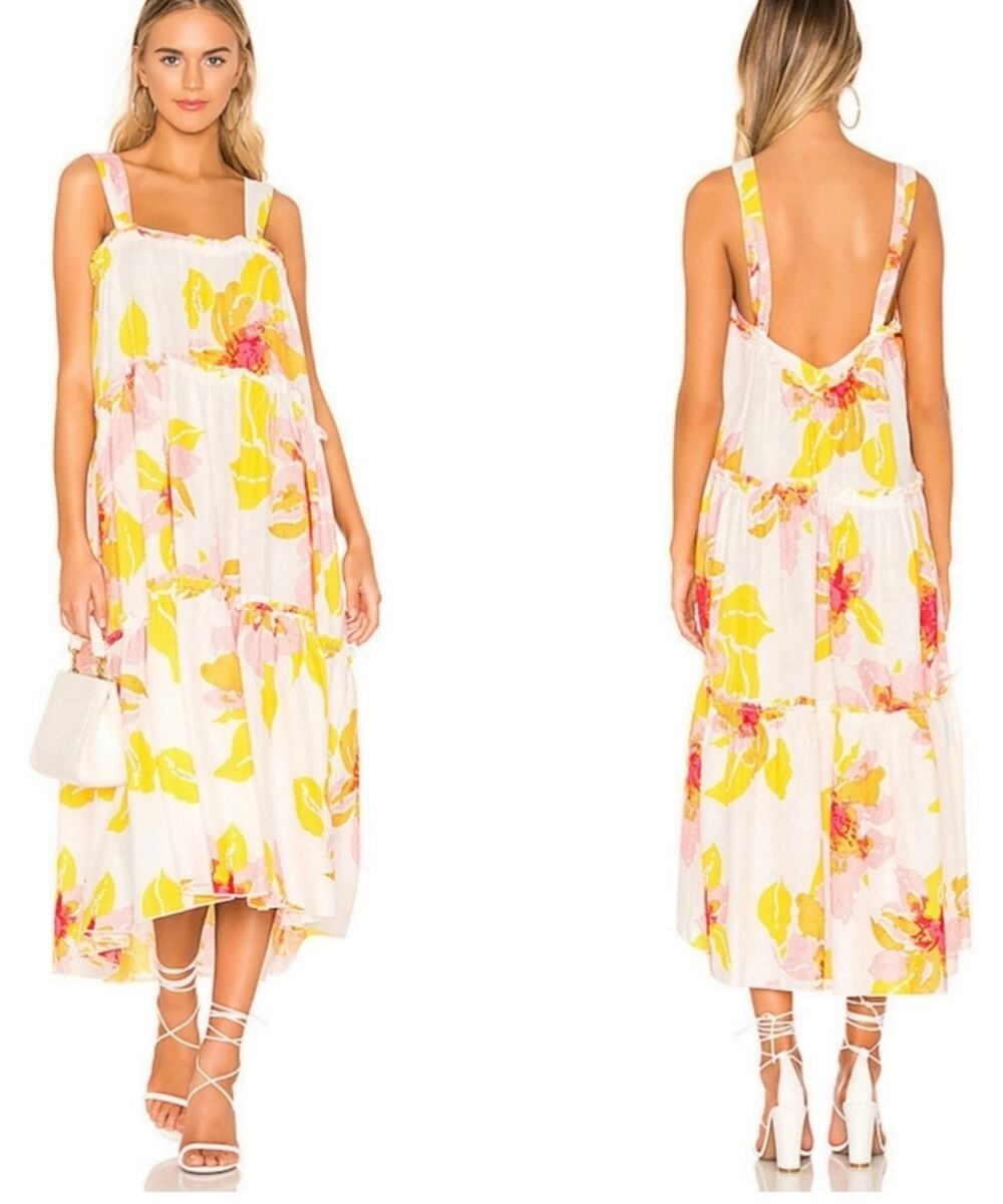 Free People Moonshine Midi Dress tiered linen Neutral Combo Yellow floral XS